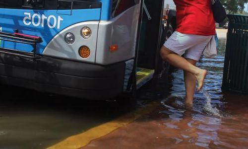 Woman boarding bus in flooded street in Miami, Florida